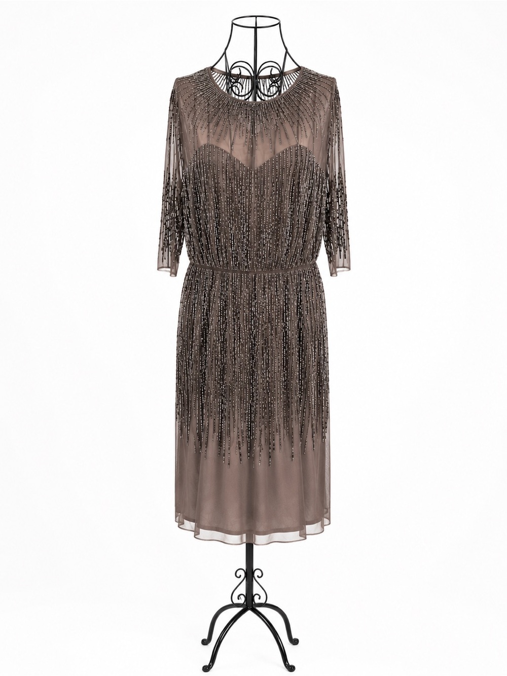 Adrianna Papell Beaded Cocktail Dress Taupe/Gray Mesh Sequin Evening Dress